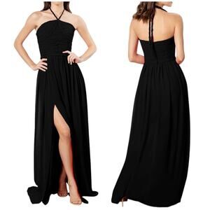 Dress The Population NWT Aura Braided-Trim Halter Goddess Gown Black Size XS